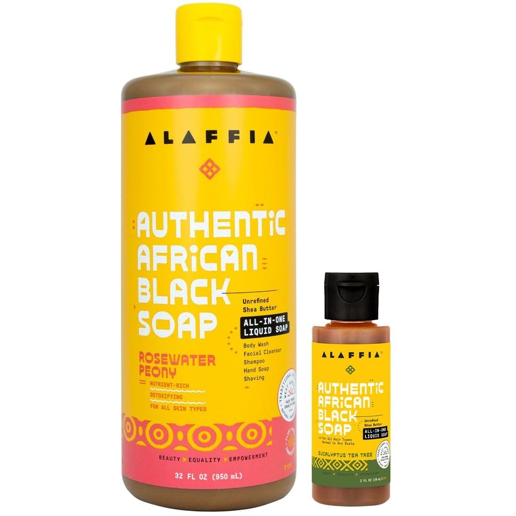 Alaffia Authentic African Black Soap Variety 2-Pack – All-In-One Liquid Soap, Travel-Size Eucalyptus Tea Tree + Full-Size Rosewater Peony Body Wash, Face Wash, Shampoo, Shaving Soap