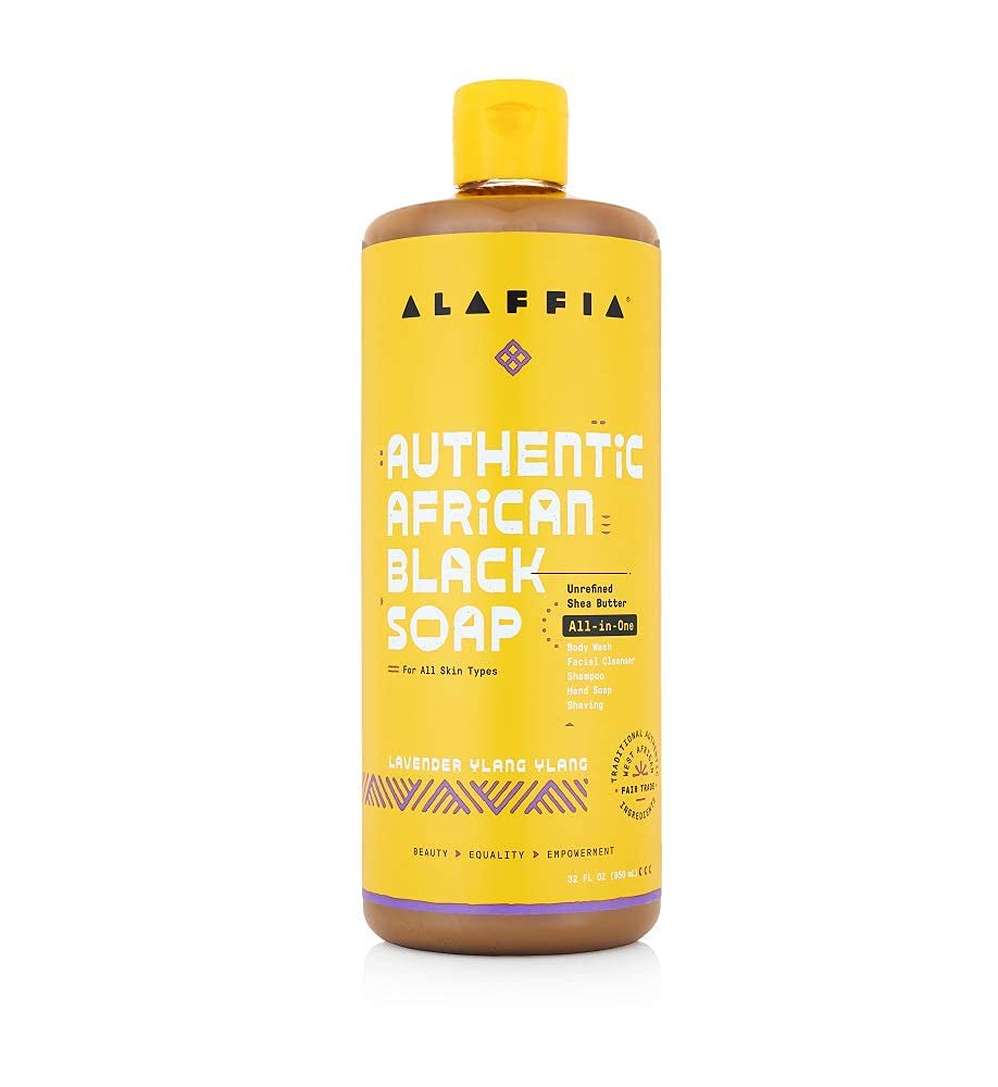 Alaffia Skin Care, Authentic African Black Soap, All in One Body Wash, Face Wash, Shampoo & Shaving Soap with Fair Trade Shea Butter Lavender Ylang Ylang 32 Fl Oz