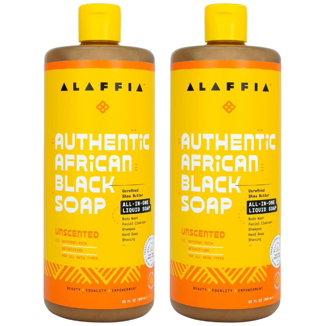 Alaffia Skin Care, Authentic African Black Soap, All in One Liquid Soap, Acne Face Wash, Moisturizing Body Wash, Shampoo, Shaving Soap, Shea Butter, Unscented (2 Pack - 32 Fl Oz Ea)