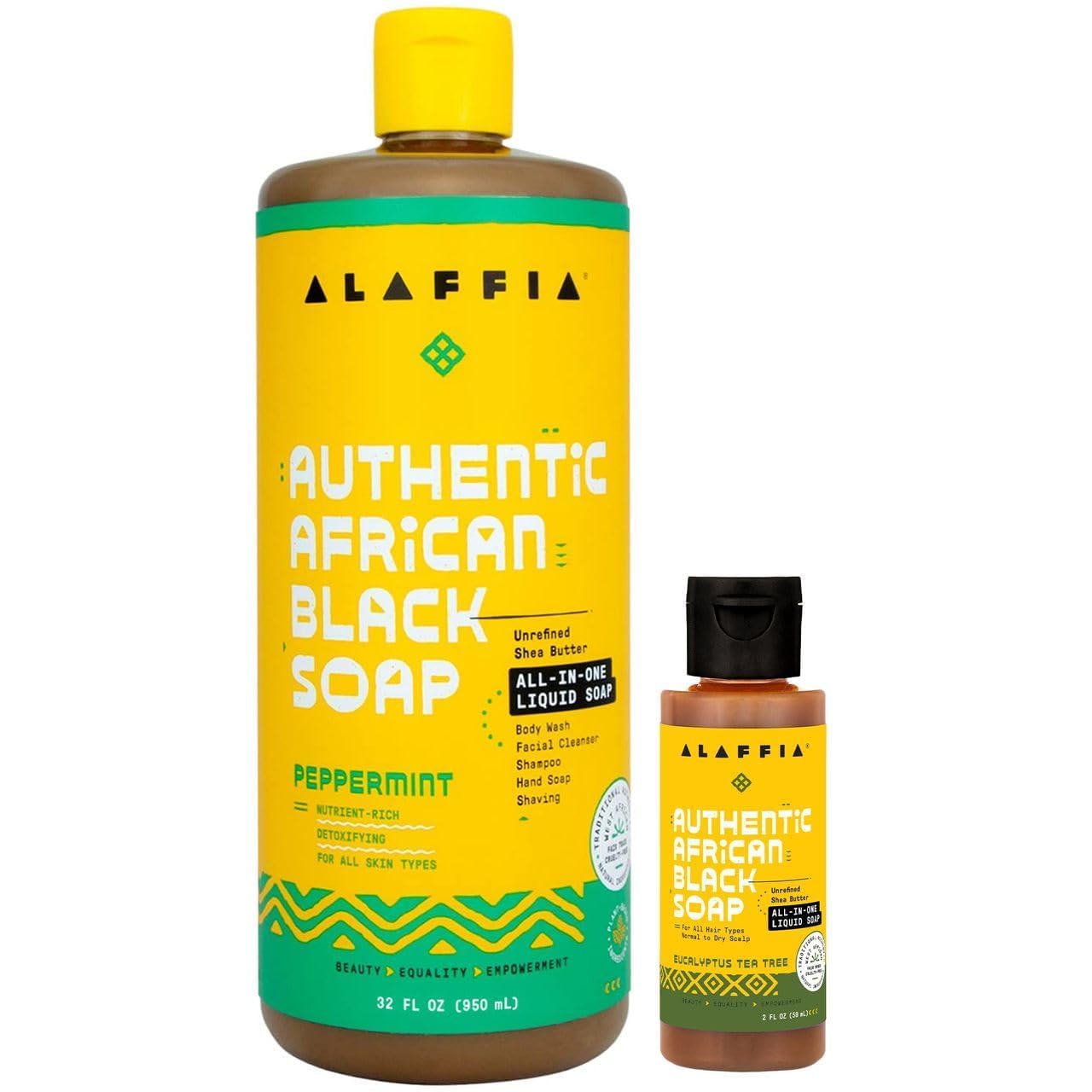 Alaffia Authentic African Black Soap Variety 2-Pack – All-In-One Liquid Soap, Travel-Size Eucalyptus Tea Tree + Full-Size Peppermint Body Wash, Face Wash, Shampoo, Shaving Soap