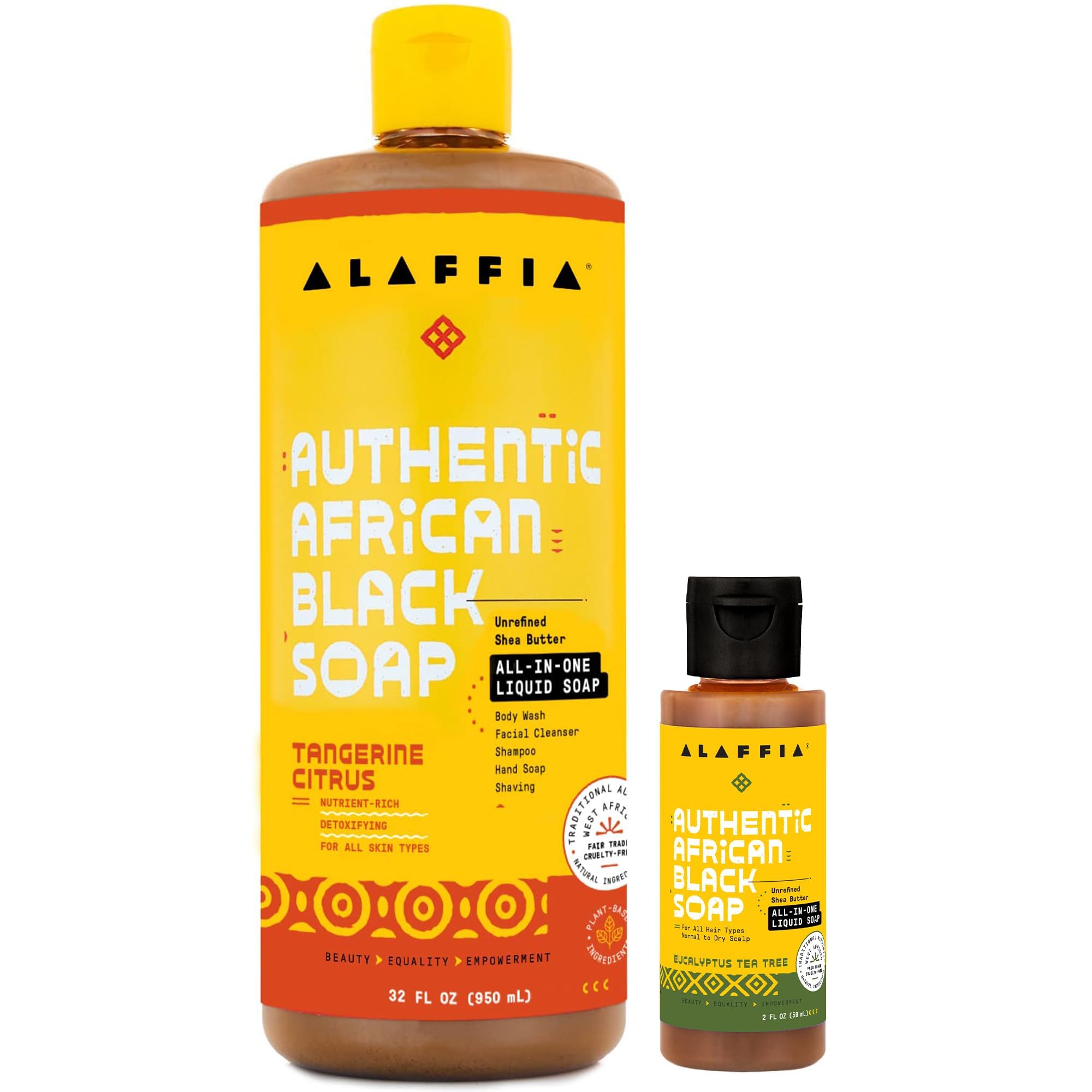 Alaffia Authentic African Black Soap Variety 2-Pack – All-In-One Liquid Soap, Travel-Size Eucalyptus Tea Tree + Full-Size Tangerine Citrus Body Wash, Face Wash, Shampoo, Shaving Soap