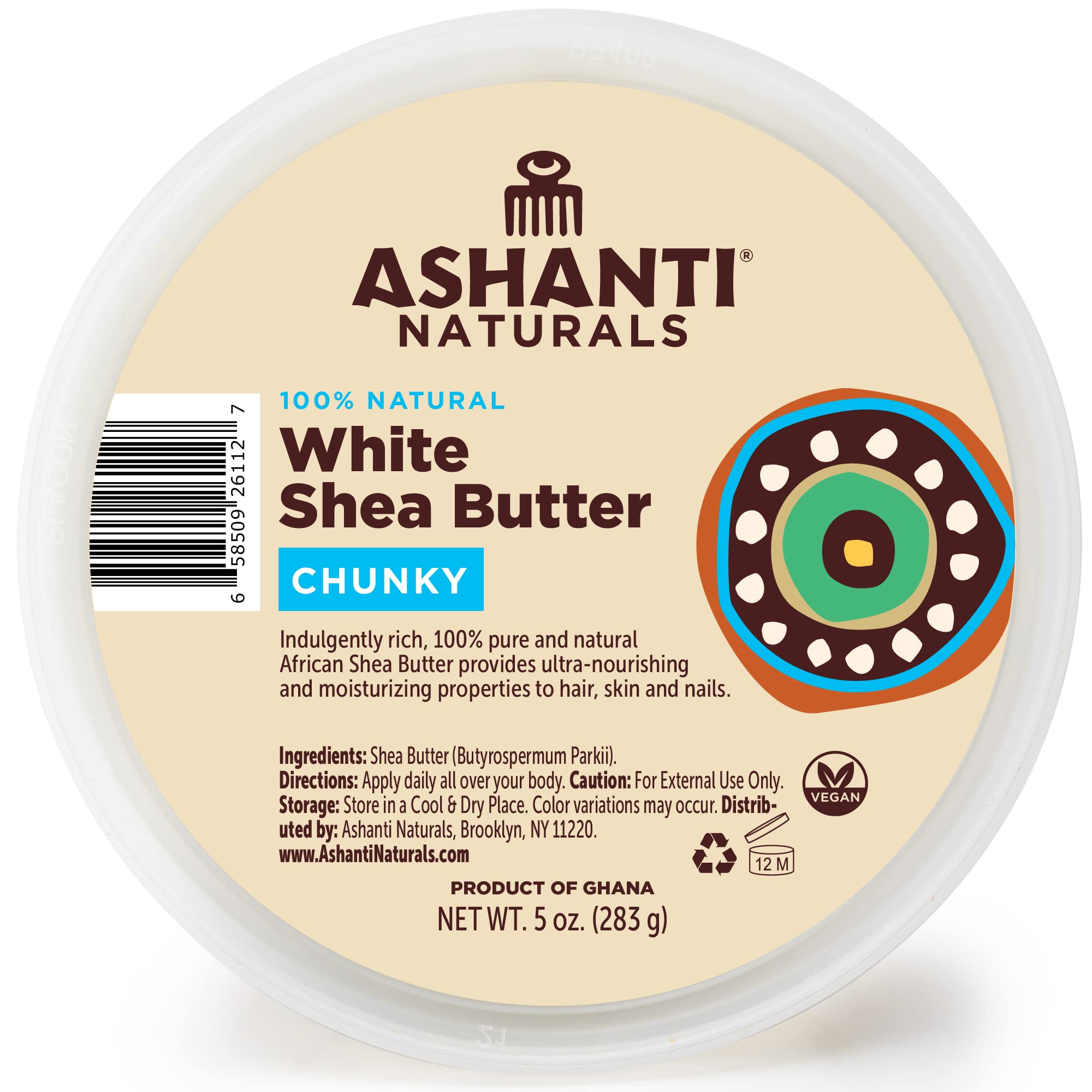 Ashanti Naturals White Chunky Raw Shea Butter | Unrefined African Shea Butter from Ghana | 100% Natural Moisturizer, No Additives - 5 oz