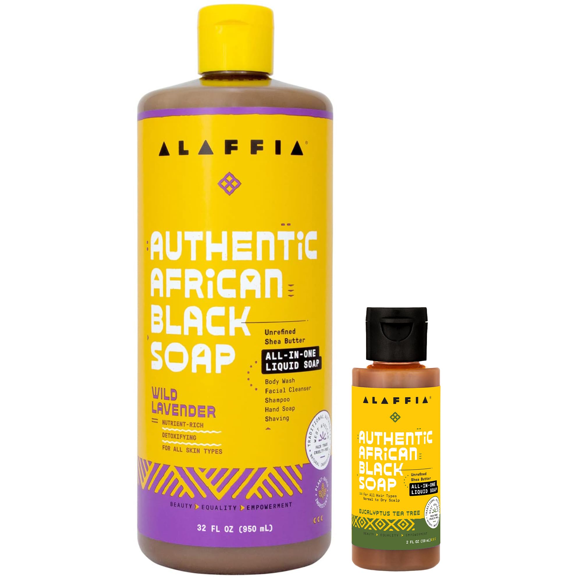 Alaffia Authentic African Black Soap Variety 2-Pack – All-In-One Liquid Soap, Travel-Size Eucalyptus Tea Tree + Full-Size Wild Lavender Body Wash, Face Wash, Shampoo, Shaving Soap