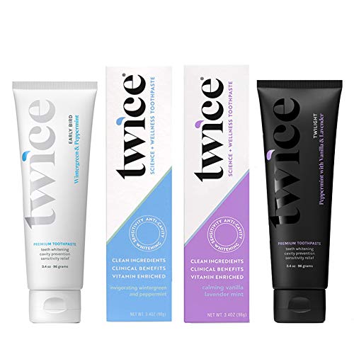 Twice Toothpaste Sensitive Teeth Whitening with Cavity Protection - SLS Free Toothpaste with Fluoride for Tooth Remineralization - (Wintergreen Peppermint + Lavender Mint Bundle) (2-Pack)