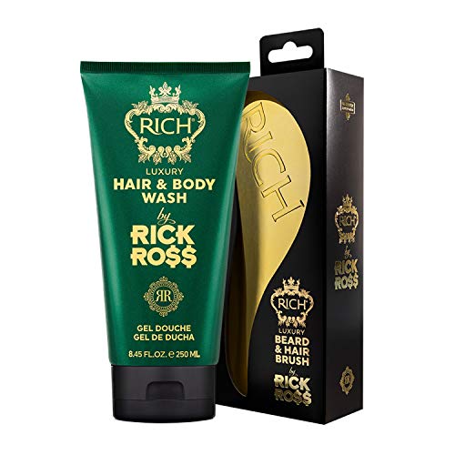 RICH by Rick Ross Luxury 2-piece Hair & Body Care Set for Men –Hair & Body Wash and Golden Beard & Hair Brush