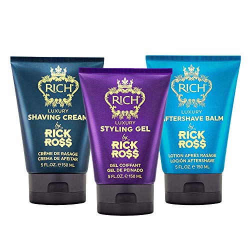 RICH by Rick Ross Luxury 3-piece Hair Care & Shaving Set for Men – Shaving Cream, Aftershave Balm & Styling Gel