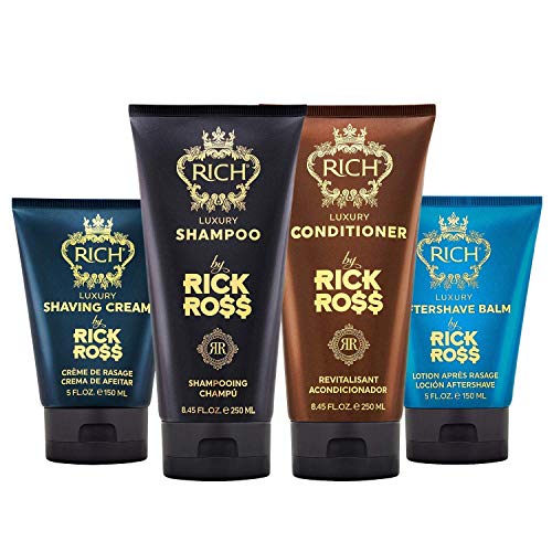 RICH by Rick Ross Luxury 4-piece Hair Care & Shaving Set for Men – Shampoo, Conditioner, Shaving Cream & Aftershave Balm