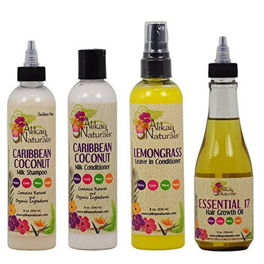 Alikay Naturals Caribbean Coconut Milk Shampoo + Conditioner + Lemongrass Leave In Conditioner + Essential 17 Hair Growth Oil 8oz "Set" - Duafe Beauty Collective