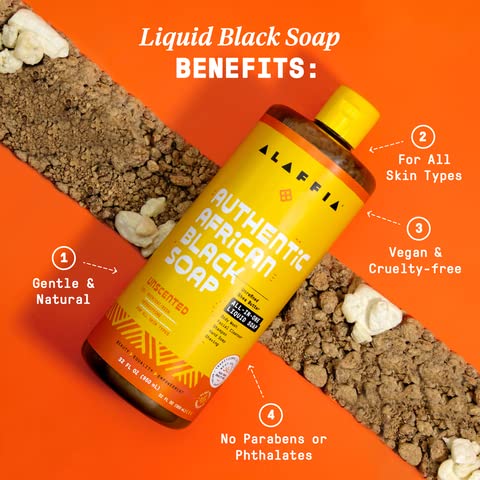 Alaffia Skin Care, Authentic African Black Soap, All in One Liquid Soap, Acne Face Wash, Moisturizing Body Wash, Shampoo, Shaving Soap, Shea Butter, Unscented (2 Pack - 32 Fl Oz Ea)