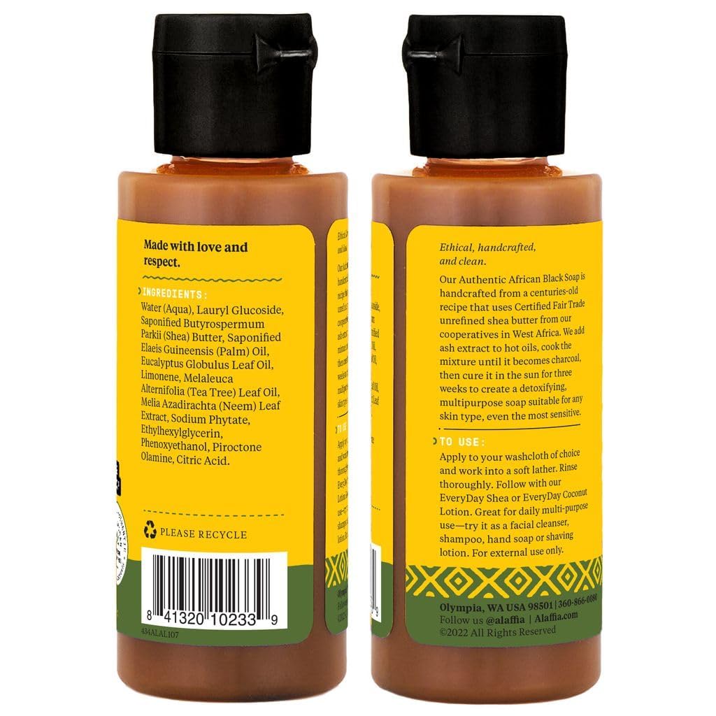 Alaffia Authentic African Black Soap Variety 2-Pack – All-In-One Liquid Soap, Travel-Size Eucalyptus Tea Tree + Full-Size Rosewater Peony Body Wash, Face Wash, Shampoo, Shaving Soap