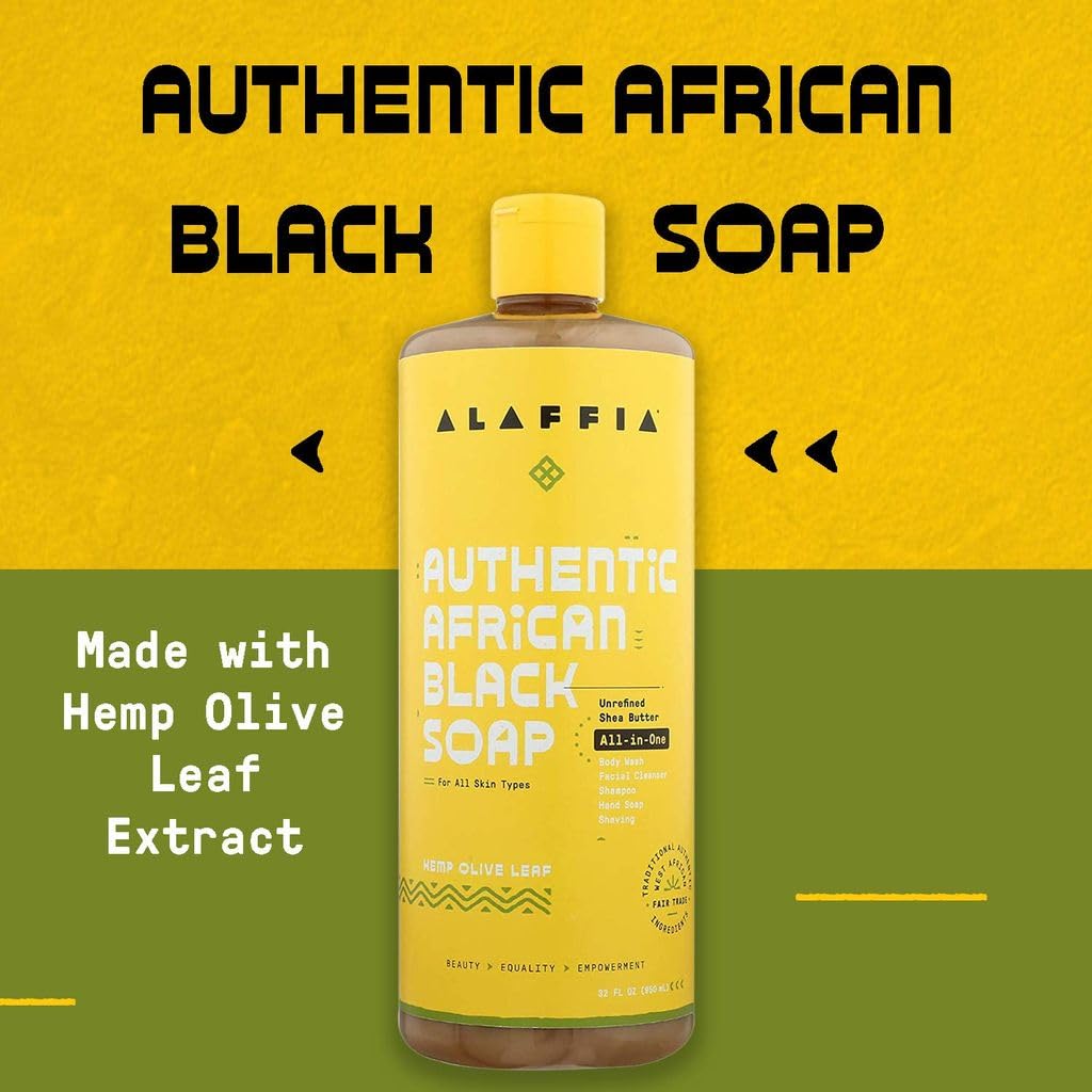 Alaffia Authentic African Black Soap Variety 2-Pack – All-In-One Liquid Soap, Travel-Size Eucalyptus Tea Tree + Full-Size Hemp Olive Leaf Body Wash, Face Wash, Shampoo, Shaving Soap