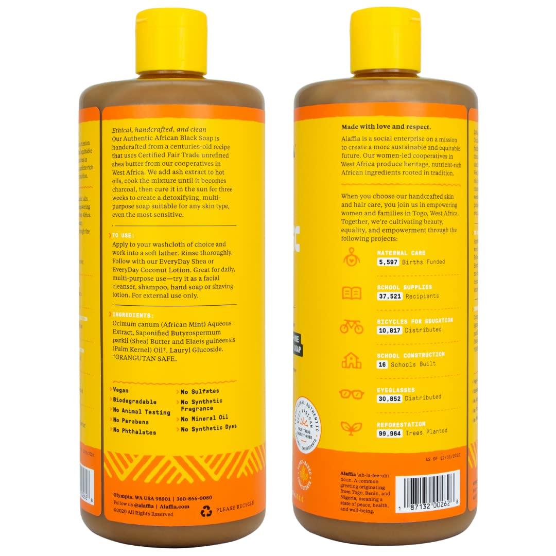 Alaffia Skin Care, Authentic African Black Soap, All in One Liquid Soap, Acne Face Wash, Moisturizing Body Wash, Shampoo, Shaving Soap, Shea Butter, Unscented (2 Pack - 32 Fl Oz Ea)