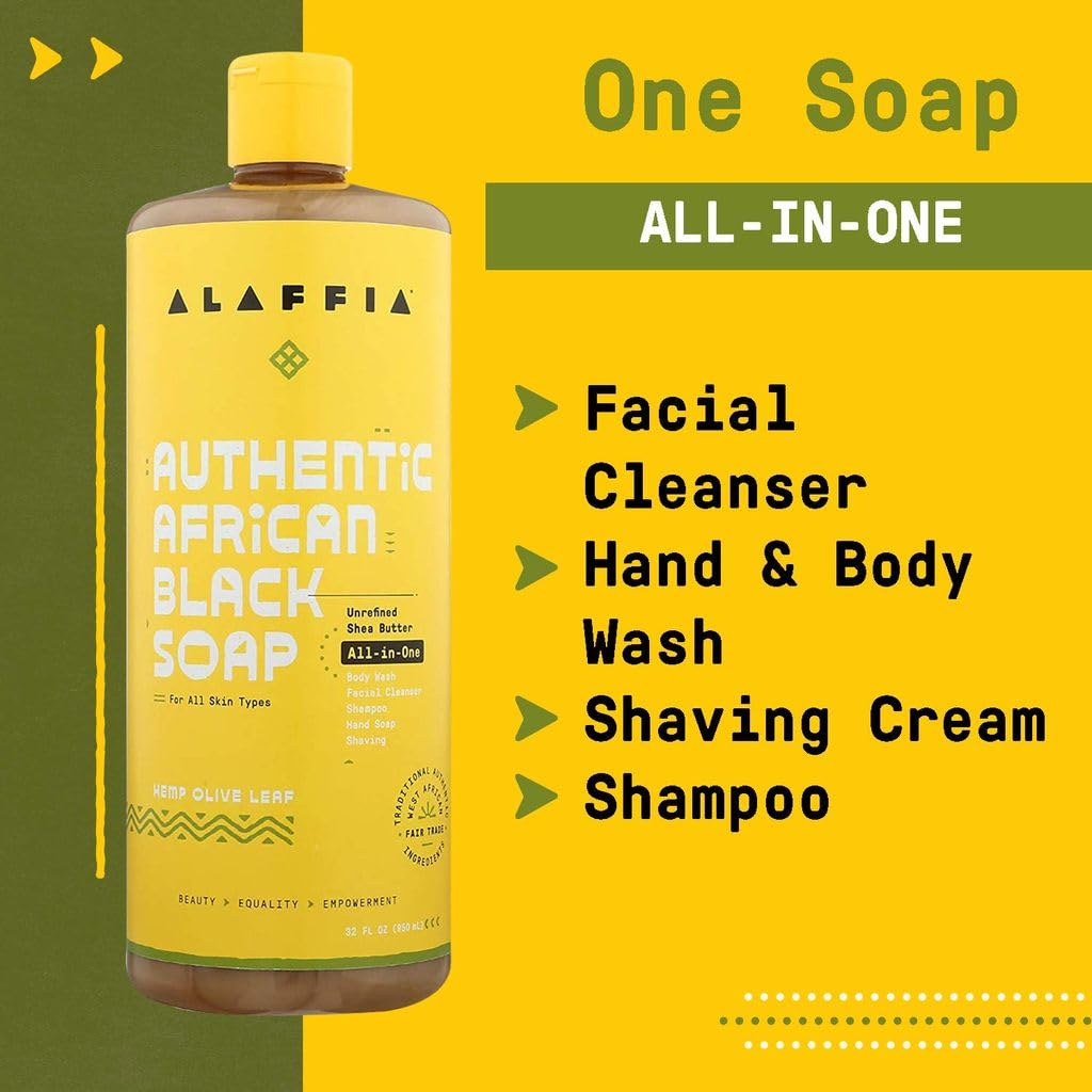 Alaffia Authentic African Black Soap Variety 2-Pack – All-In-One Liquid Soap, Travel-Size Eucalyptus Tea Tree + Full-Size Hemp Olive Leaf Body Wash, Face Wash, Shampoo, Shaving Soap