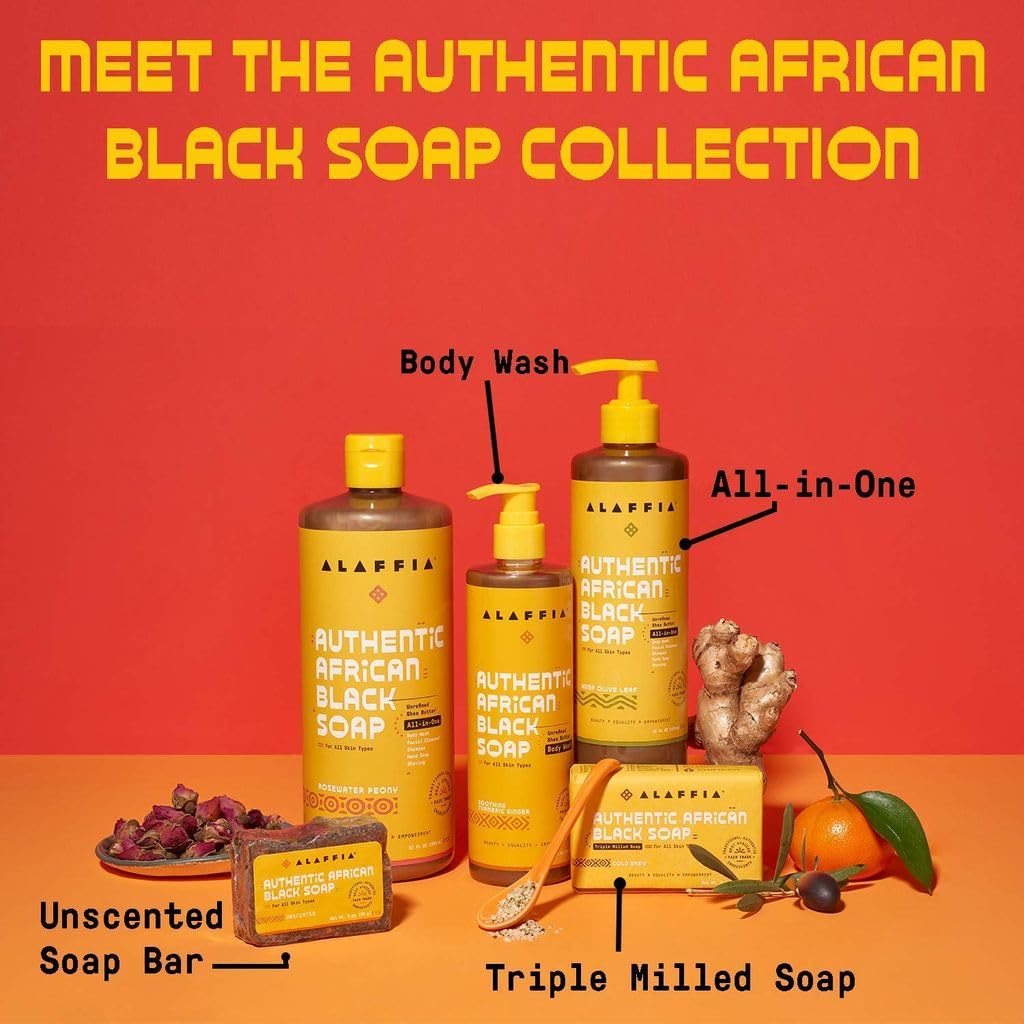 Alaffia Authentic African Black Soap Variety 2-Pack – All-In-One Liquid Soap, Travel-Size Eucalyptus Tea Tree + Full-Size Hemp Olive Leaf Body Wash, Face Wash, Shampoo, Shaving Soap