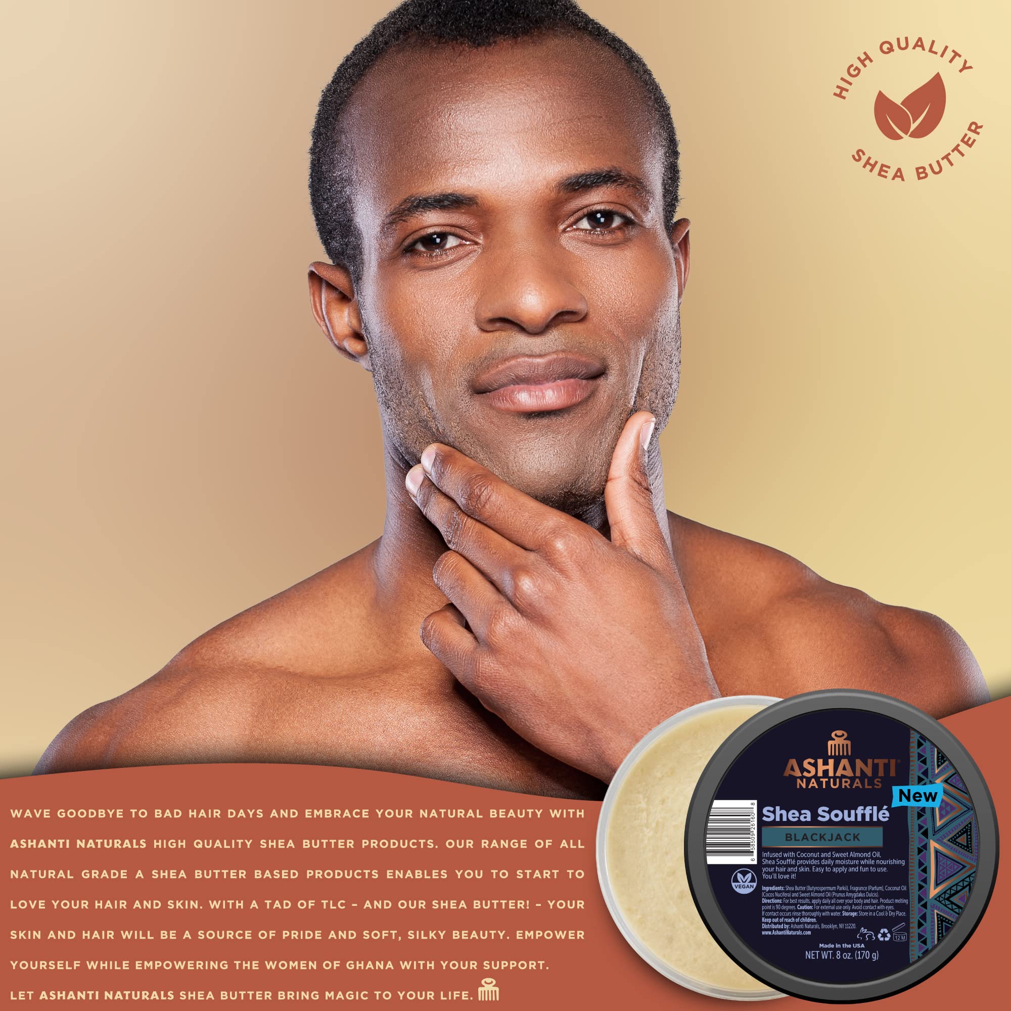 Ashanti Naturals Scented Whipped Shea Butter | African Body Butter for Men w/Coconut and Almond Oil (Blackjack Souffle, 8 oz)