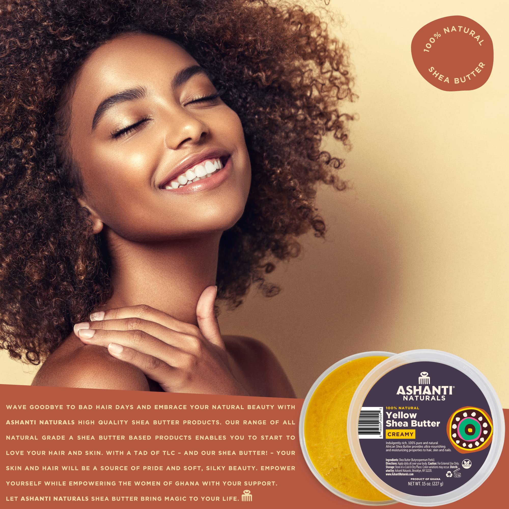 Ashanti Naturals Yellow Raw Shea Butter | Unrefined African Shea Butter | Creamy Moisturizer for Easy Application - 15 oz