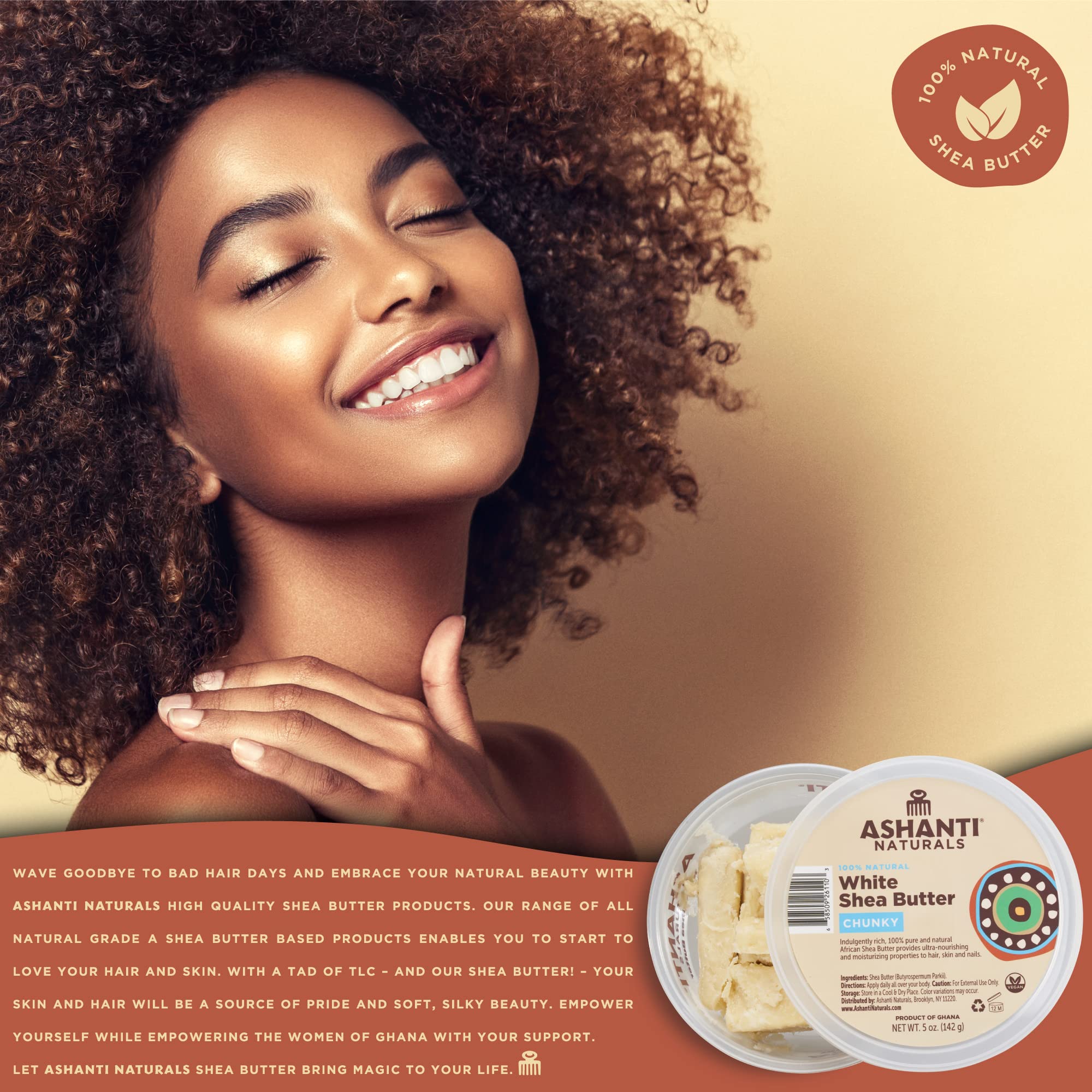 Ashanti Naturals White Chunky Raw Shea Butter | Unrefined African Shea Butter from Ghana | 100% Natural Moisturizer, No Additives - 5 oz