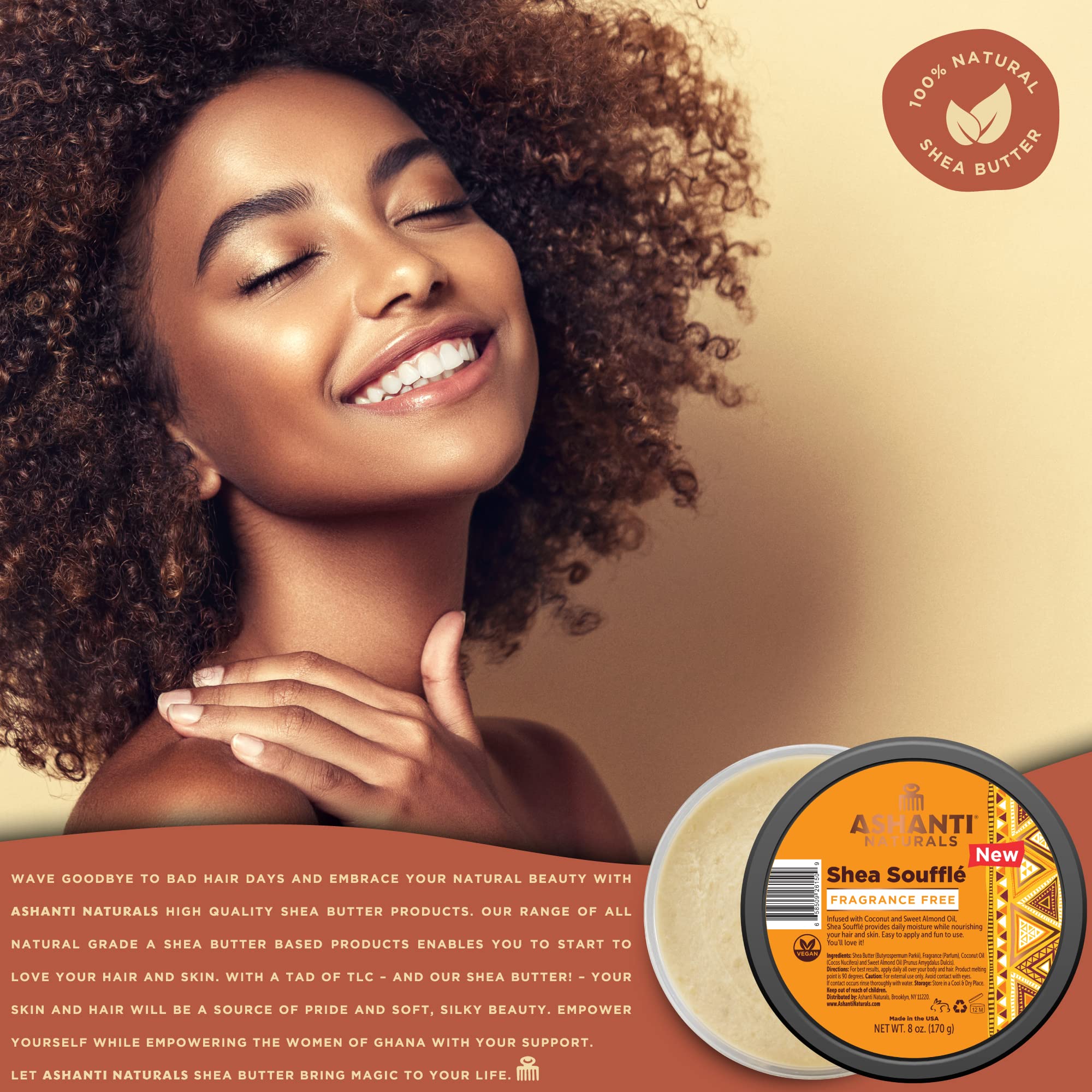 Ashanti Naturals Whipped Shea Butter | Unrefined Shea Butter from Ghana, Coconut and Almond Oil (Fragrance Free Souffle, 8 oz)