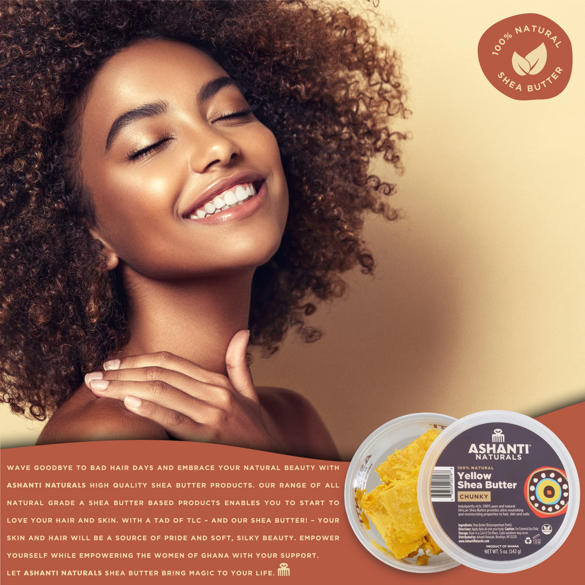 Ashanti Naturals Yellow Chunky Raw Shea Butter | Unrefined African Shea Butter from Ghana | 100% Natural Moisturizer, No Additives - 5 oz