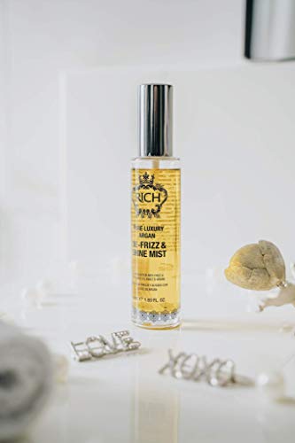 RICH Pure Luxury Argan Defrizz & Shine Mist with Sweet Almond & Argan Oil for All Hair Types - Adds Moisture & Shine, Heat & UV Protective, Anti-frizz, 1.69 FL OZ
