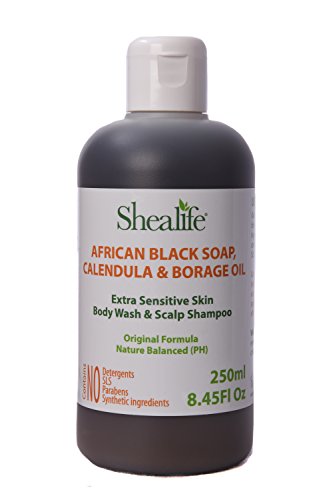 Shealife African Black Soap Liquid, Calendula And Borage Oil Sensitive Soap & Shampoo 250Ml 8.45 Fl - Duafe Beauty Collective