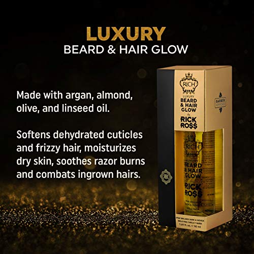 RICH by Rick Ross Luxury Beard & Hair Glow For Men with Argan & Almond oil - Nourishing Coarse Beard & Gives Shine, Softens Frizzy Hair & Soothes Razor Burn, 1.69 fl.oz