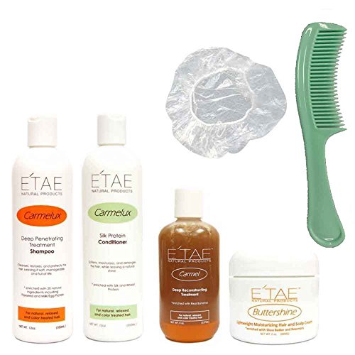 Etae Carmelux Shampoo, Conditioner, E'tae Carmel Treatment, Buttershine Natural Products Combo (4 items) w/ FREE Shower Cap and Comb - Duafe Beauty Collective