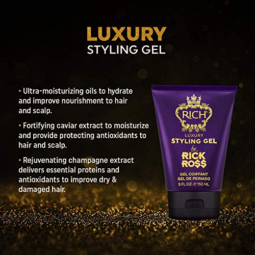 RICH by Rick Ross Luxury Styling Gel for Men with All Hair Types - Rejuvenating & Smoothing - Tames Frizz & Adds Shine - Medium hold, Glossy Finish, 5 Fl oz
